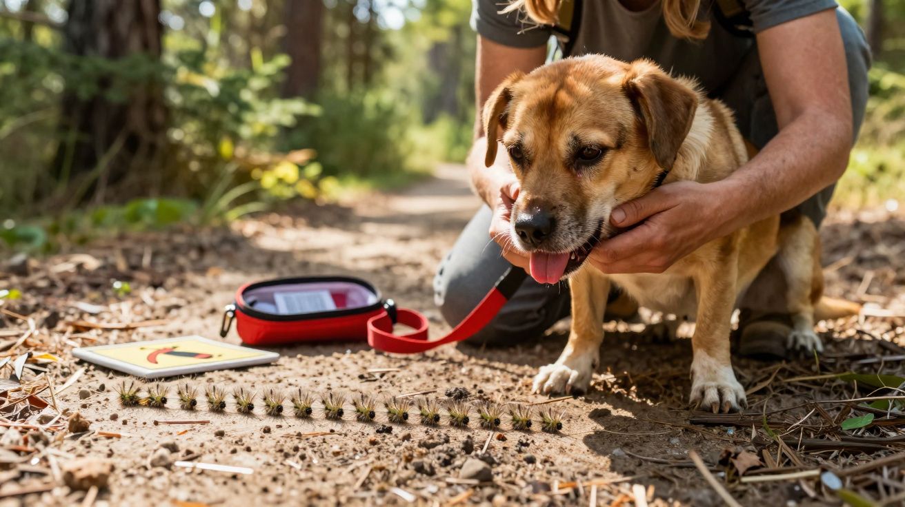 Person holding worried dog looking at caterpillars lined up across a forest path on a sunny day