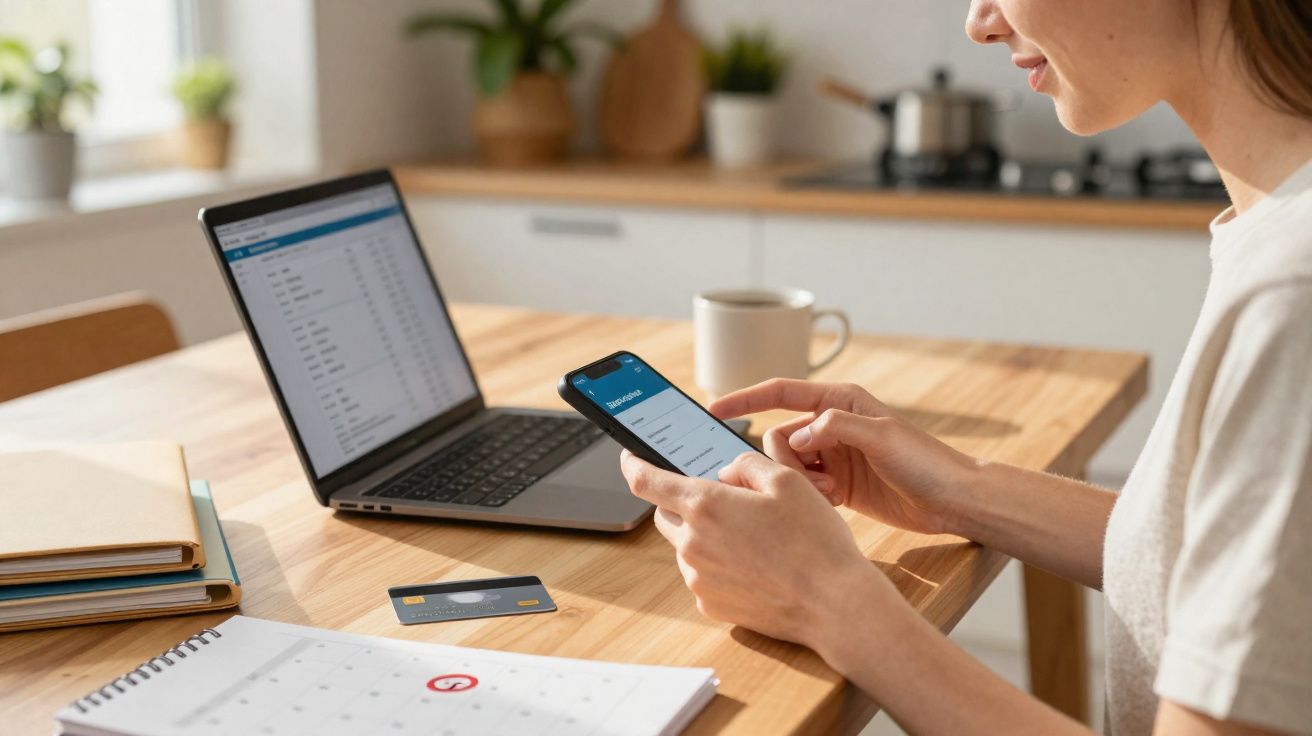 Person using a smartphone for online banking at a wooden table with laptop, calendar, credit card, and coffee mug nearby.