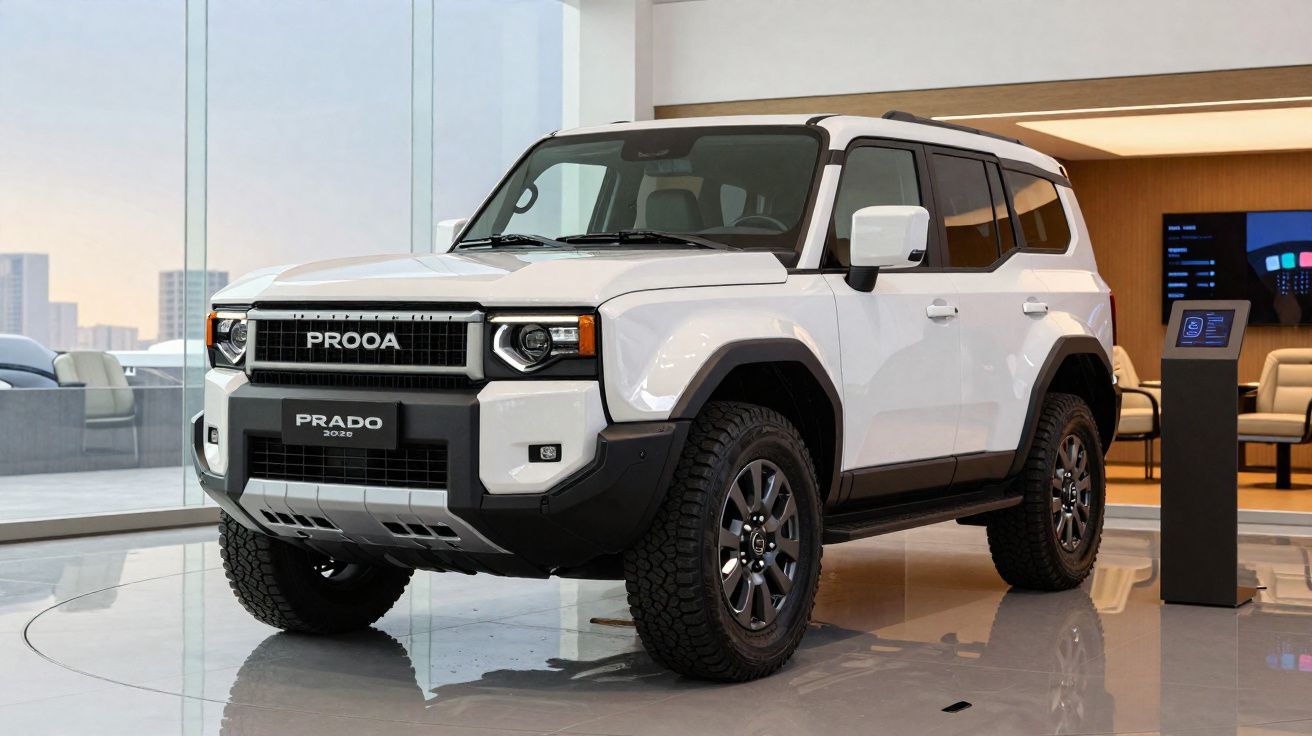 White PROOA Prado 2020 SUV parked inside a modern showroom with glass walls and city view.