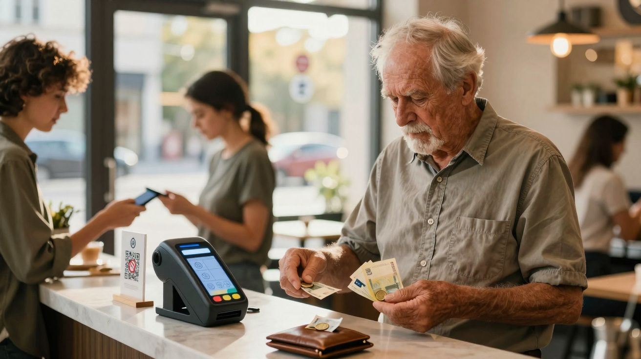 Elderly man paying with cash at a café counter while two women use card payments in the background.
