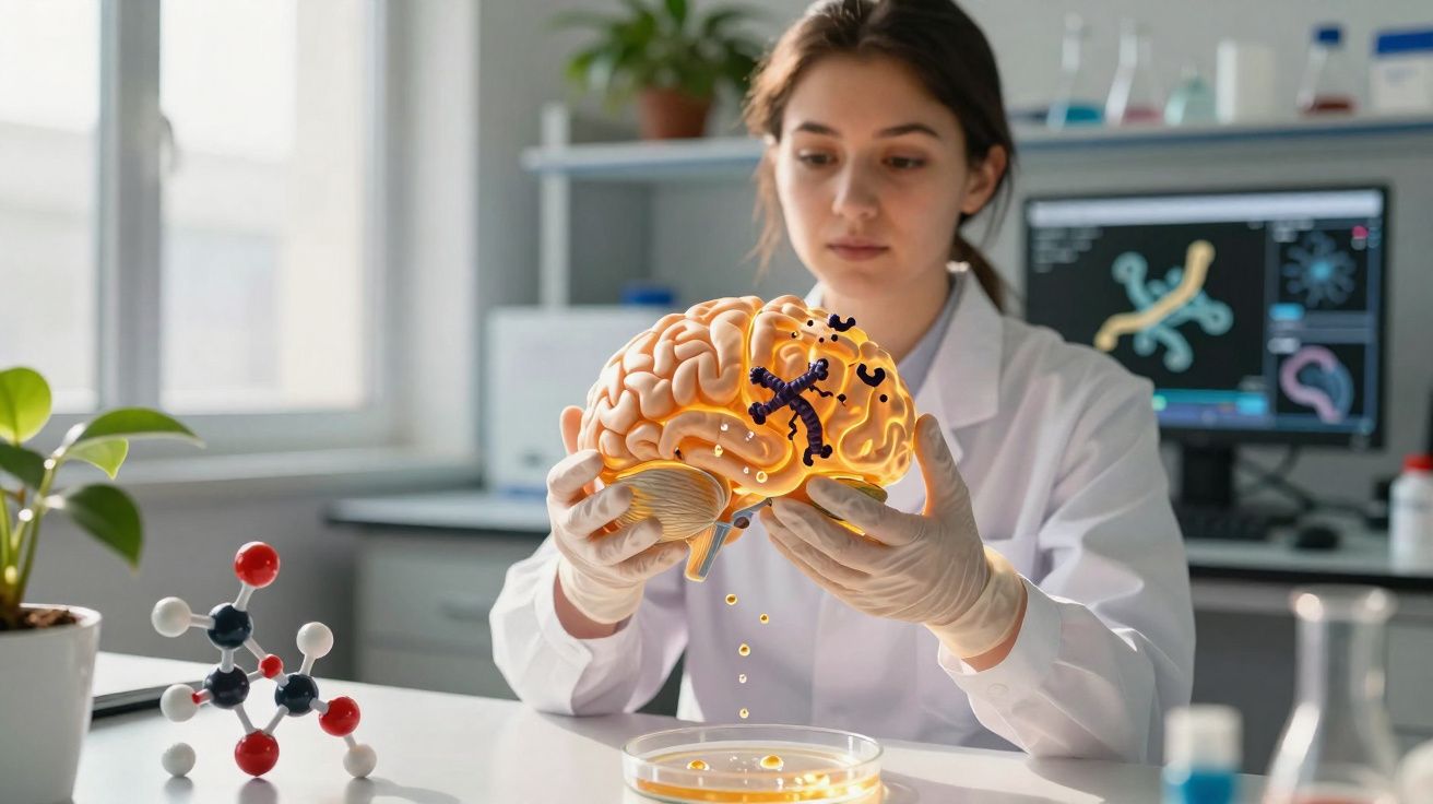 Scientist in lab coat holding a digital brain model with molecular structures and glowing particles.