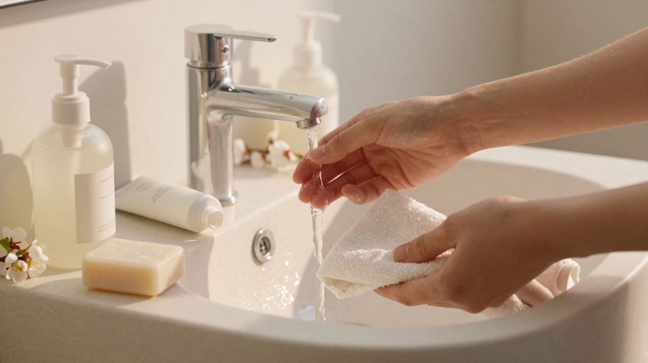 Hands washing a white cloth under running water from a chrome tap in a bathroom sink with toiletries nearby.