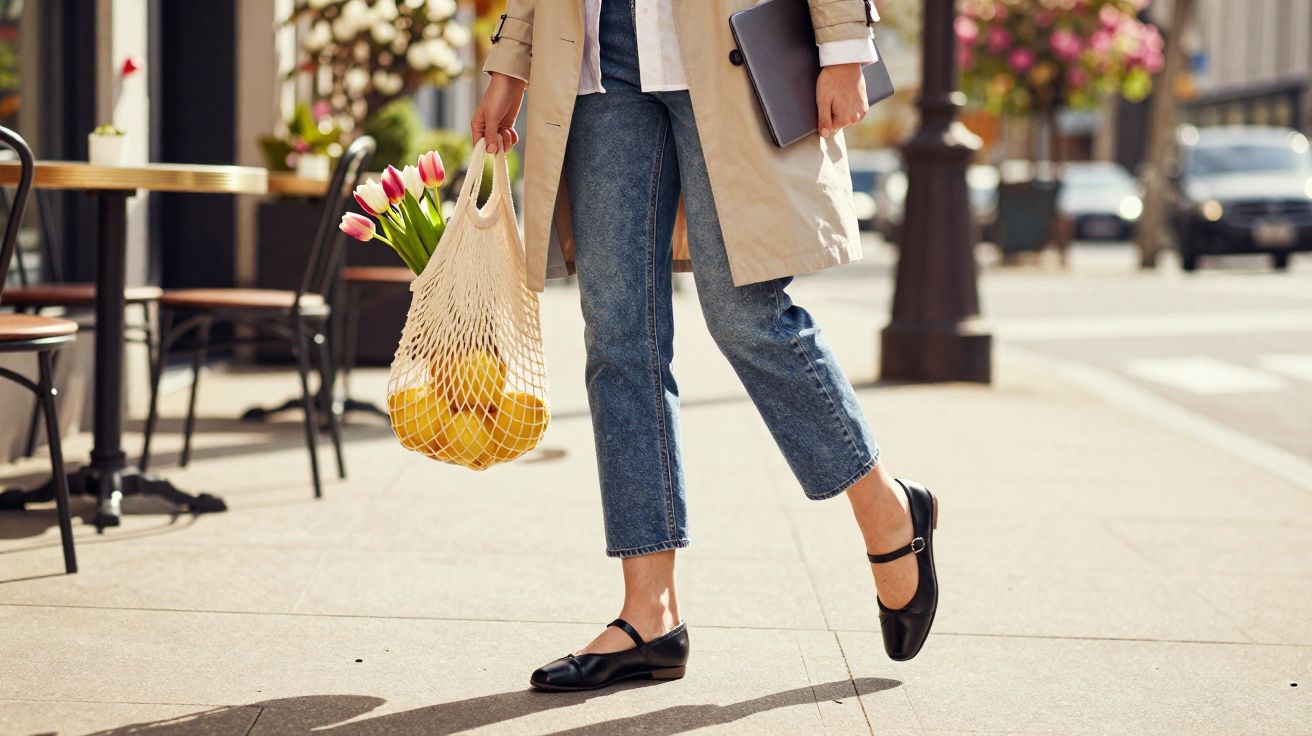 Person in trench coat and jeans walking with mesh bag of tulips and oranges, holding a laptop on a city street.