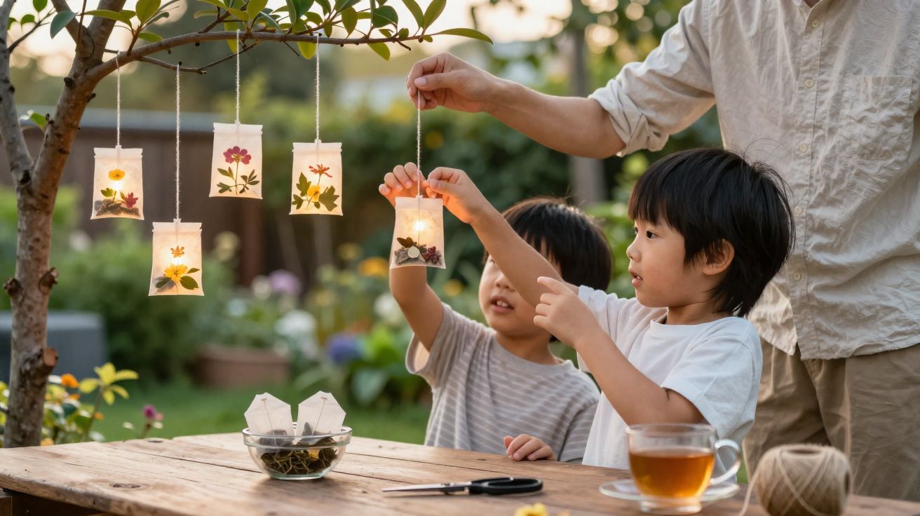 Two children hanging handmade lanterns with pressed flowers on a tree branch outdoors at a wooden table.
