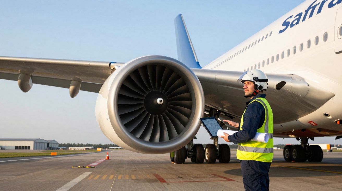 Aircraft engineer in high-visibility vest inspecting a plane engine on the tarmac with documents in hand.