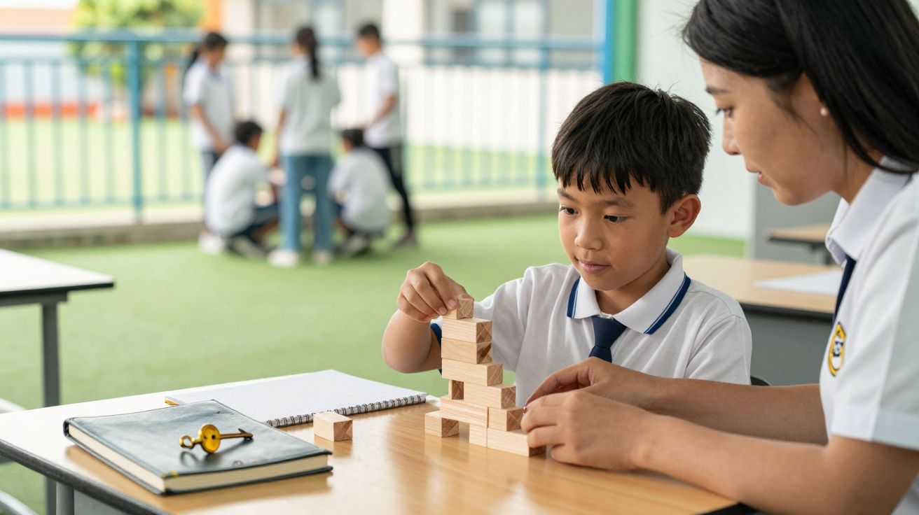 Young boy stacking wooden blocks while a female teacher watches, other children play in background outdoors.