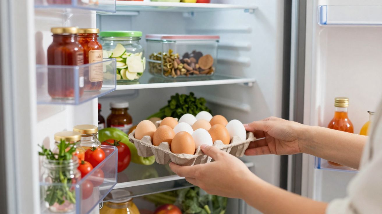 Person placing a carton of brown and white eggs into a fully stocked fridge with vegetables and jars.