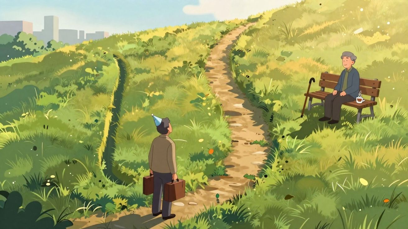 Man in party hat holding bags looking at elderly man sitting on bench beside winding grassy path in sunny field