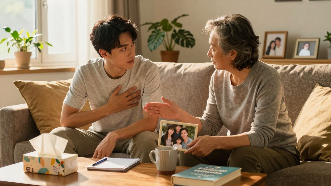 Middle-aged woman showing a framed family photo while speaking to a young man on a sofa at home.