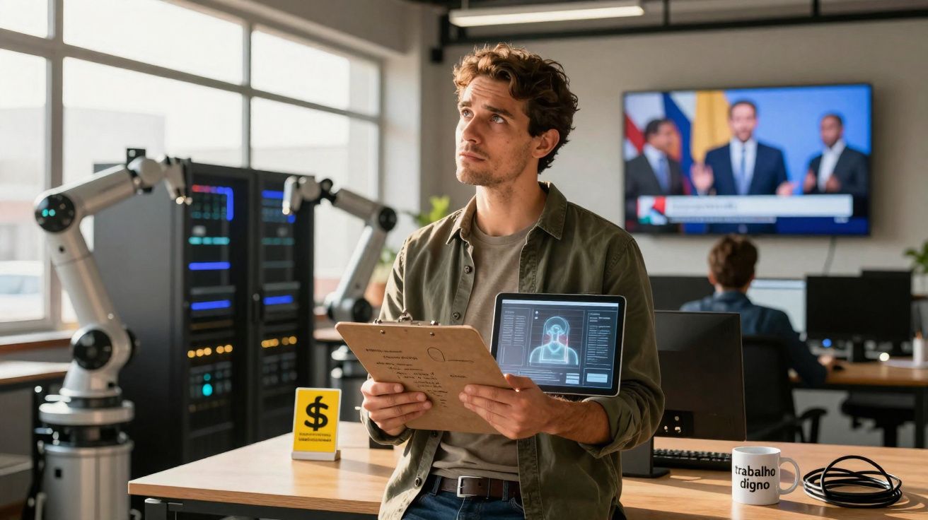 Man holding clipboard and tablet with facial recognition image in a modern office with robotic arms.