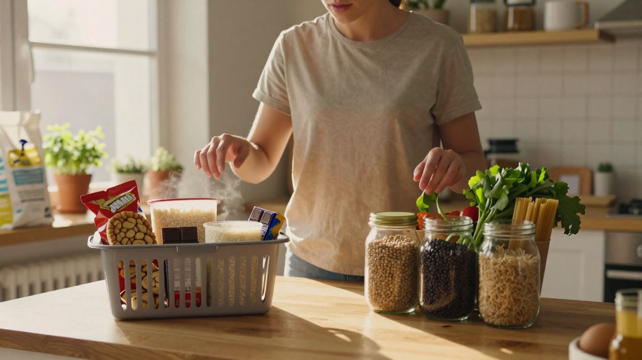 Person unpacking groceries with jars of beans, pasta, and fresh herbs on a kitchen counter in daylight.