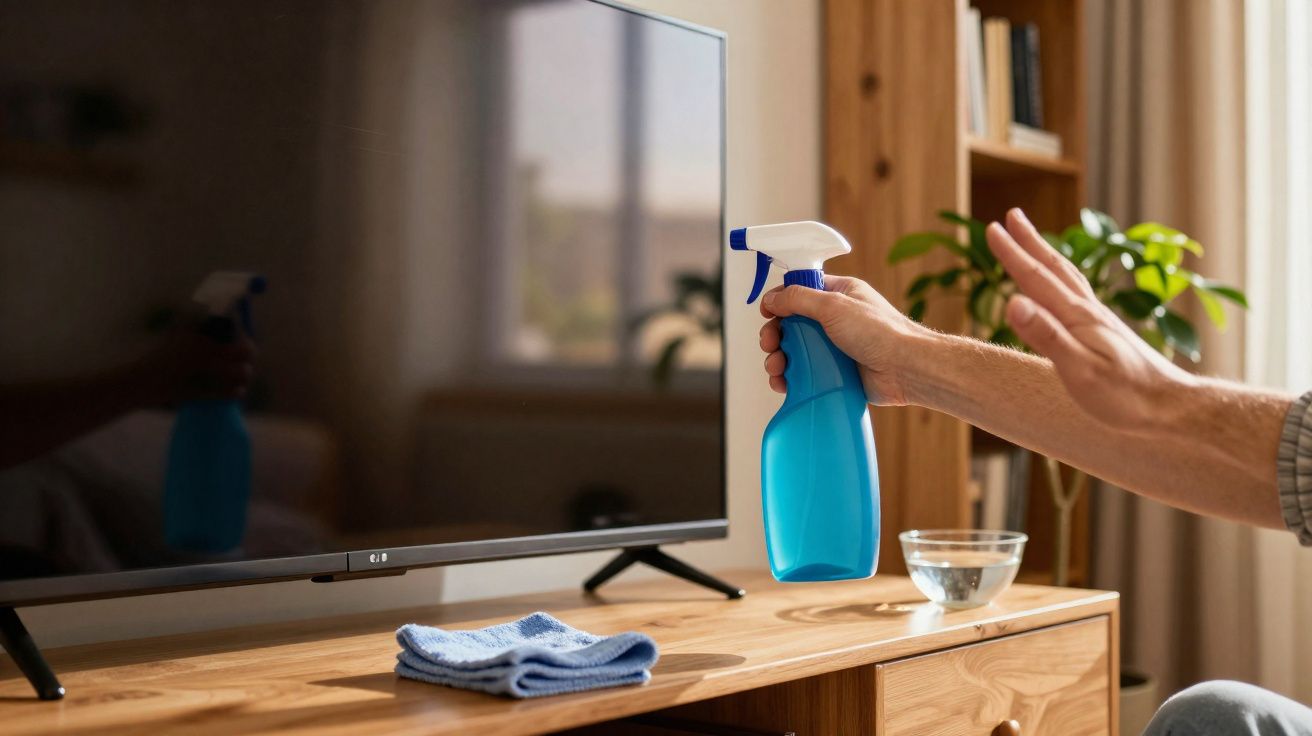 Person cleaning TV screen with blue spray bottle, cloth and water bowl on wooden TV stand in living room.