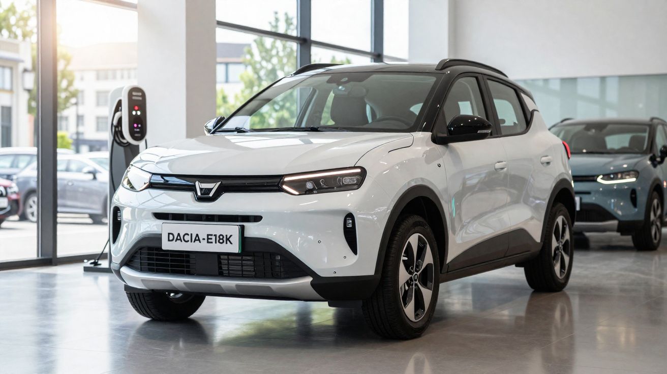 White Dacia E18K electric SUV on display in a showroom with large windows and another car in the background.