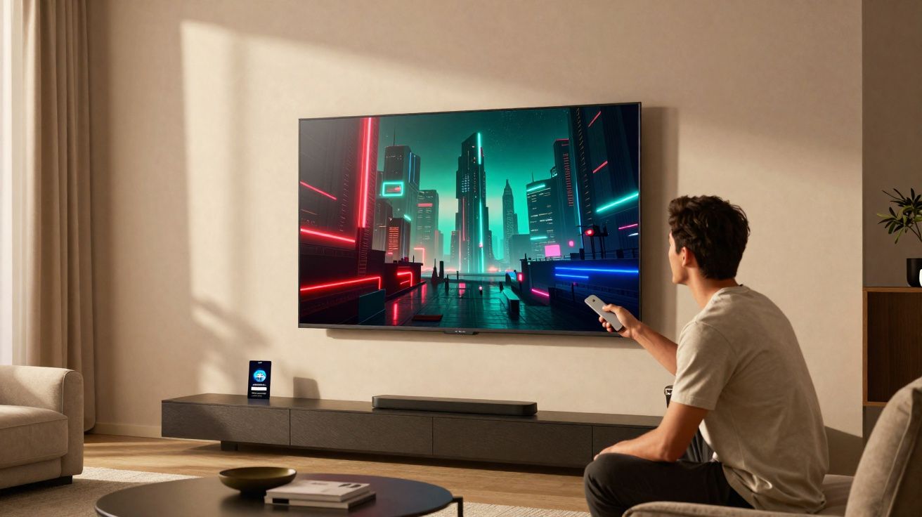 Man sitting on sofa using remote to watch futuristic cityscape on large wall-mounted TV in modern living room.