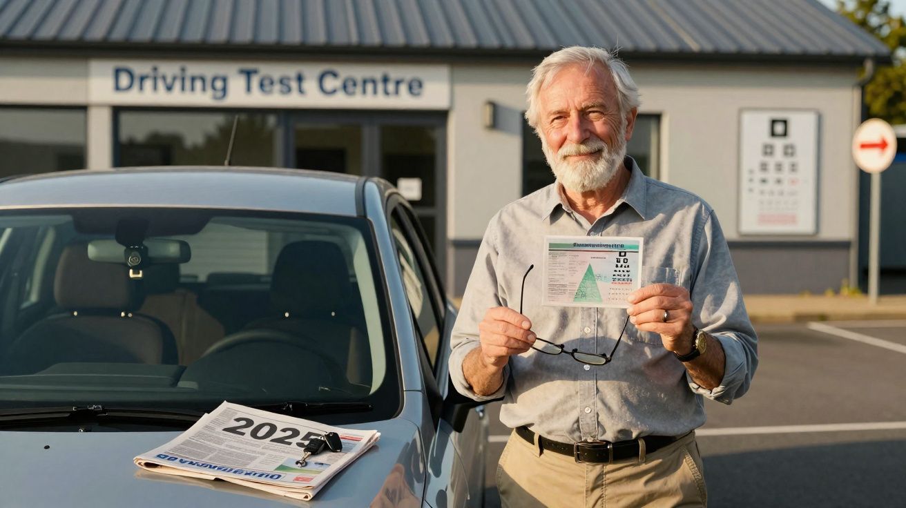 Elderly man smiling outside Driving Test Centre holding a passed driving test certificate next to a car.
