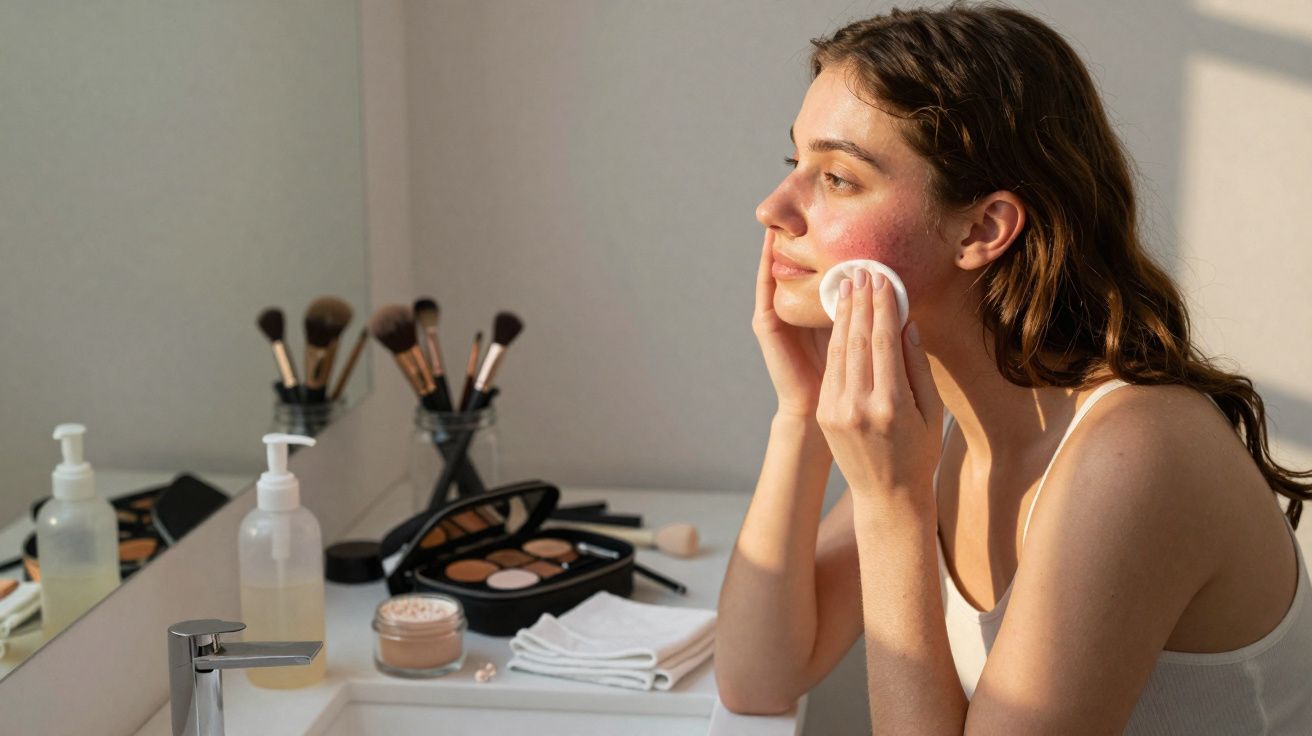 Woman with flushed cheeks using a cotton pad to cleanse her face in a sunlit bathroom.