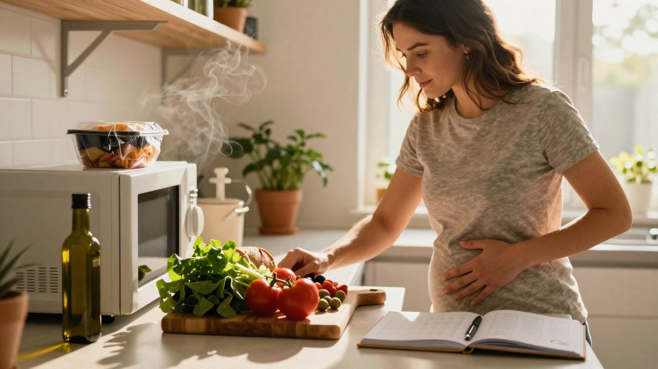 Pregnant woman preparing vegetables in a bright kitchen with a steaming microwave and open notebook.