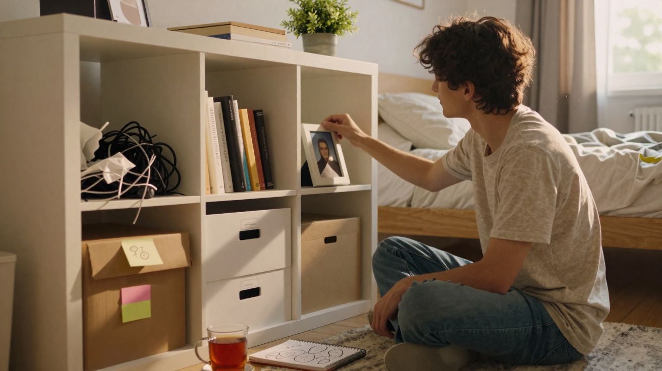 Young man sitting on floor in bedroom, holding framed photograph on white shelf unit with books and storage boxes.