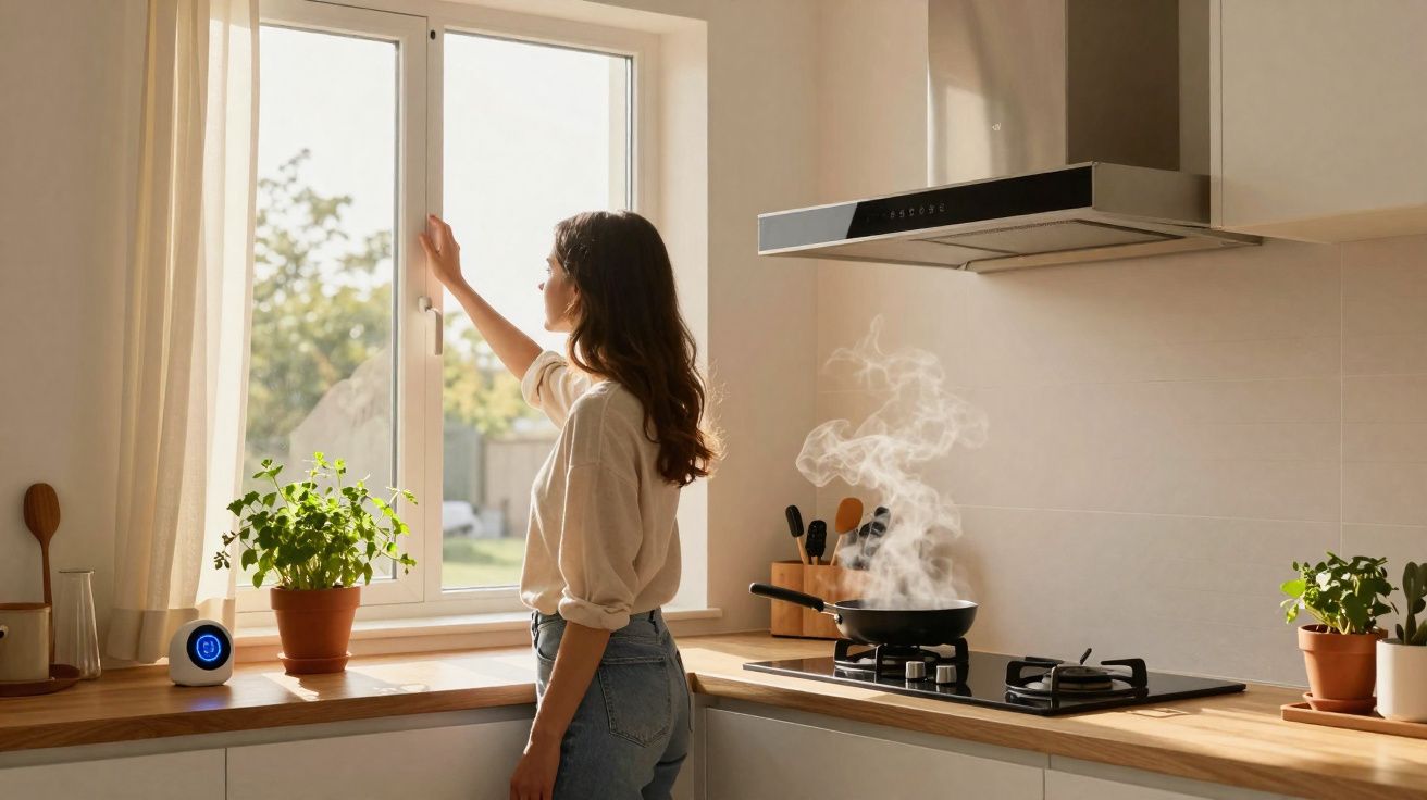 Woman opening kitchen window next to steaming pan on gas stove with potted herbs on wooden countertop.