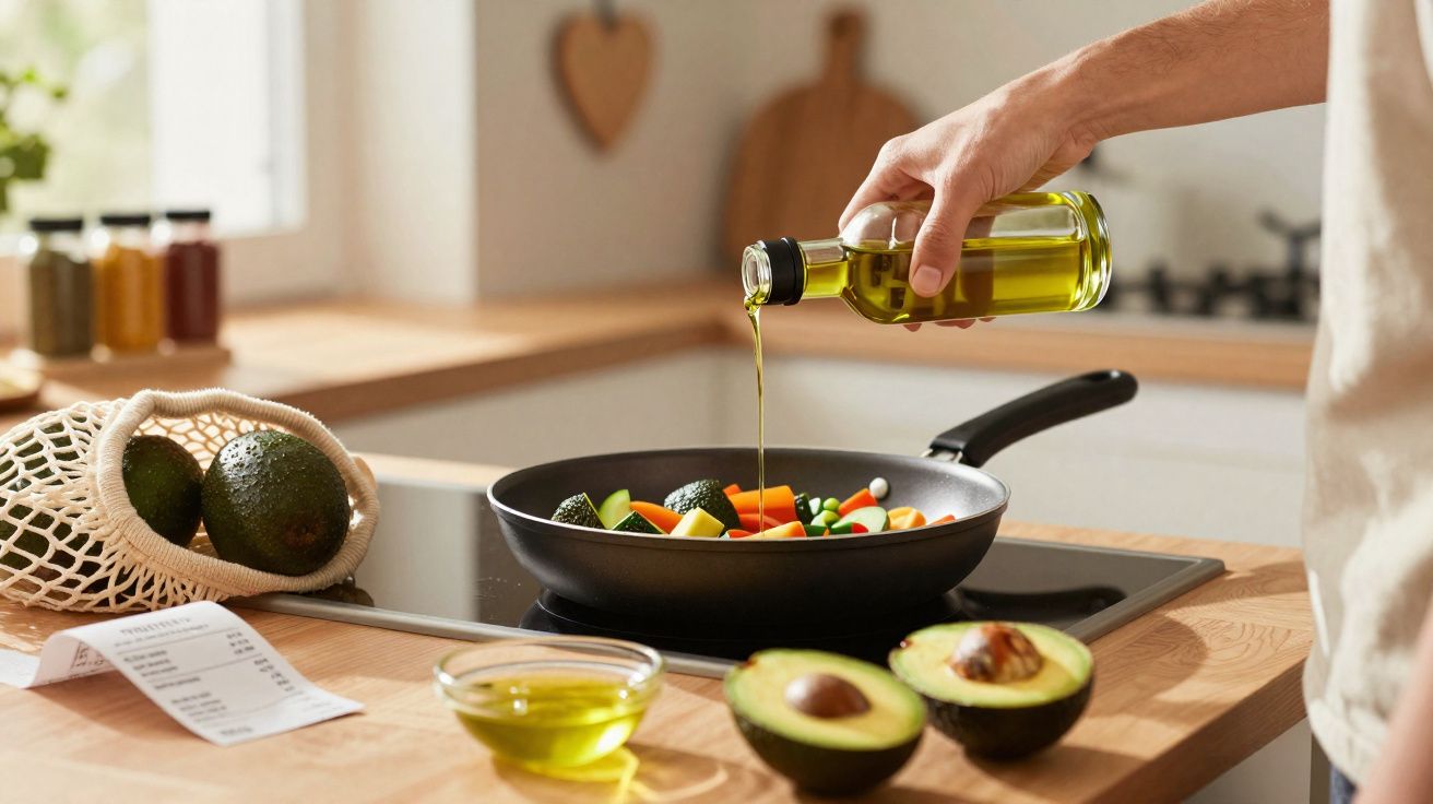 Hand pouring olive oil from a bottle into a frying pan with mixed vegetables on a kitchen stove.