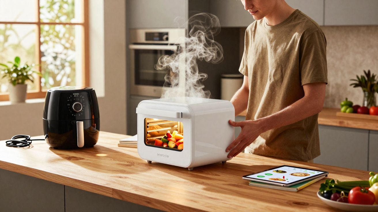 Person using a countertop steam oven with steaming vegetables inside in a modern kitchen.