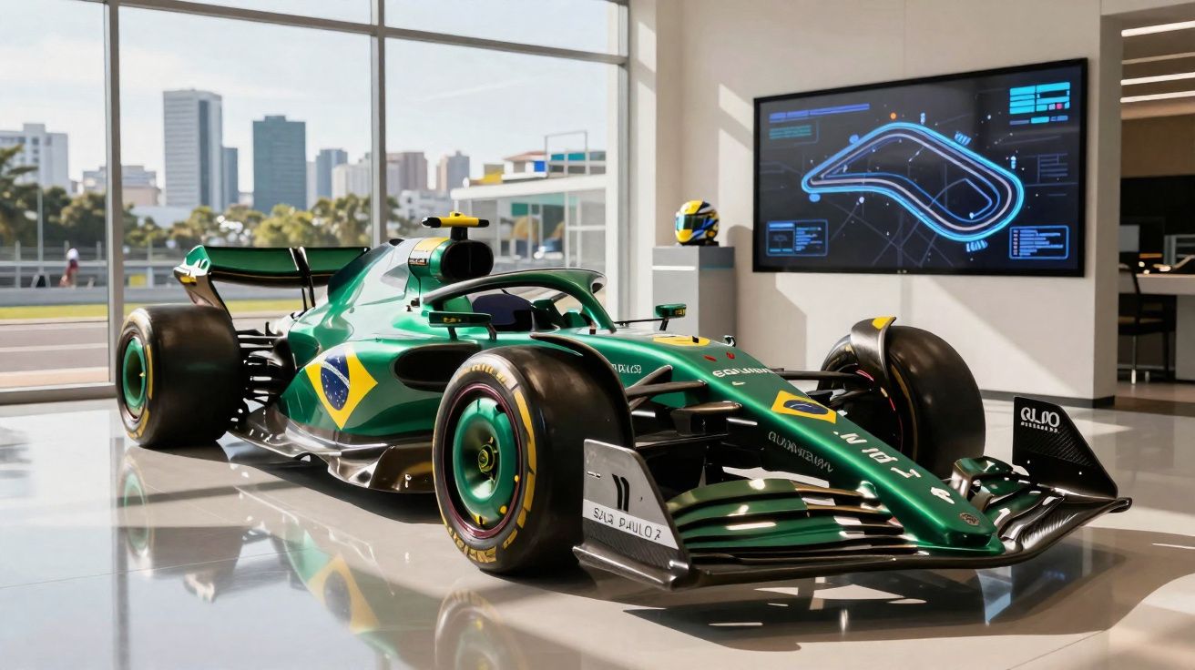 Green Formula 1 race car with Brazilian flag displayed, shown in a modern showroom with cityscape outside.