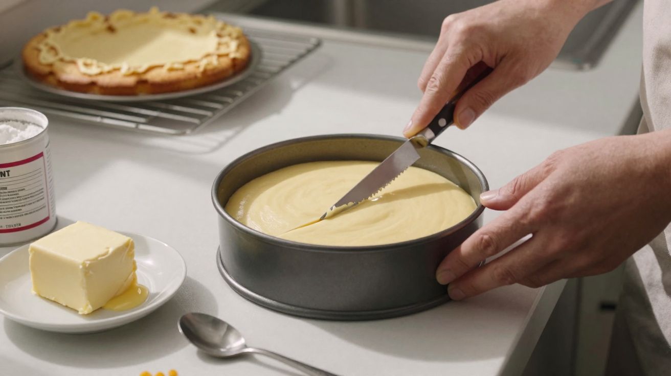 Hands using a knife to smooth cake batter in a baking tin on a kitchen counter with ingredients nearby.