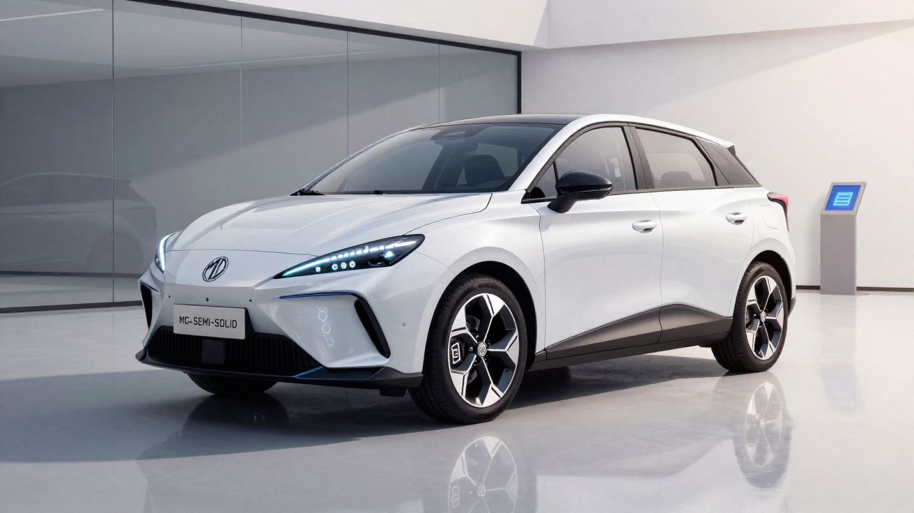 White modern electric hatchback car with sleek design in a glossy showroom environment.