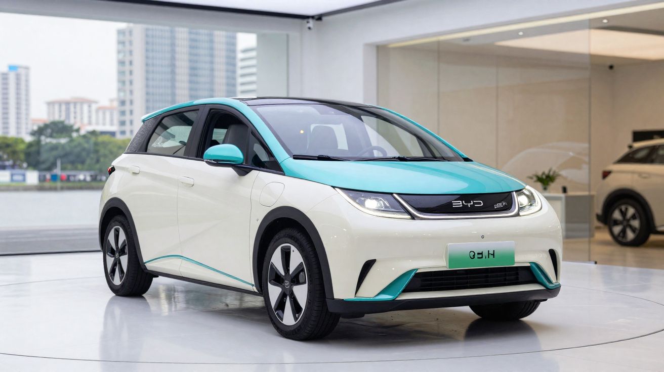 White and teal BYD electric hatchback parked indoors near large windows with city view outside