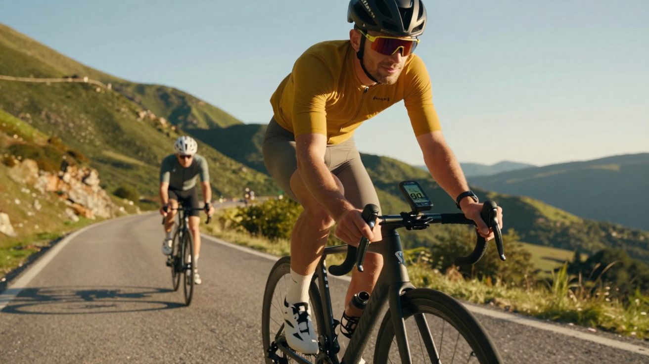 Two cyclists riding on a mountain road with green hills and clear sky in the background.