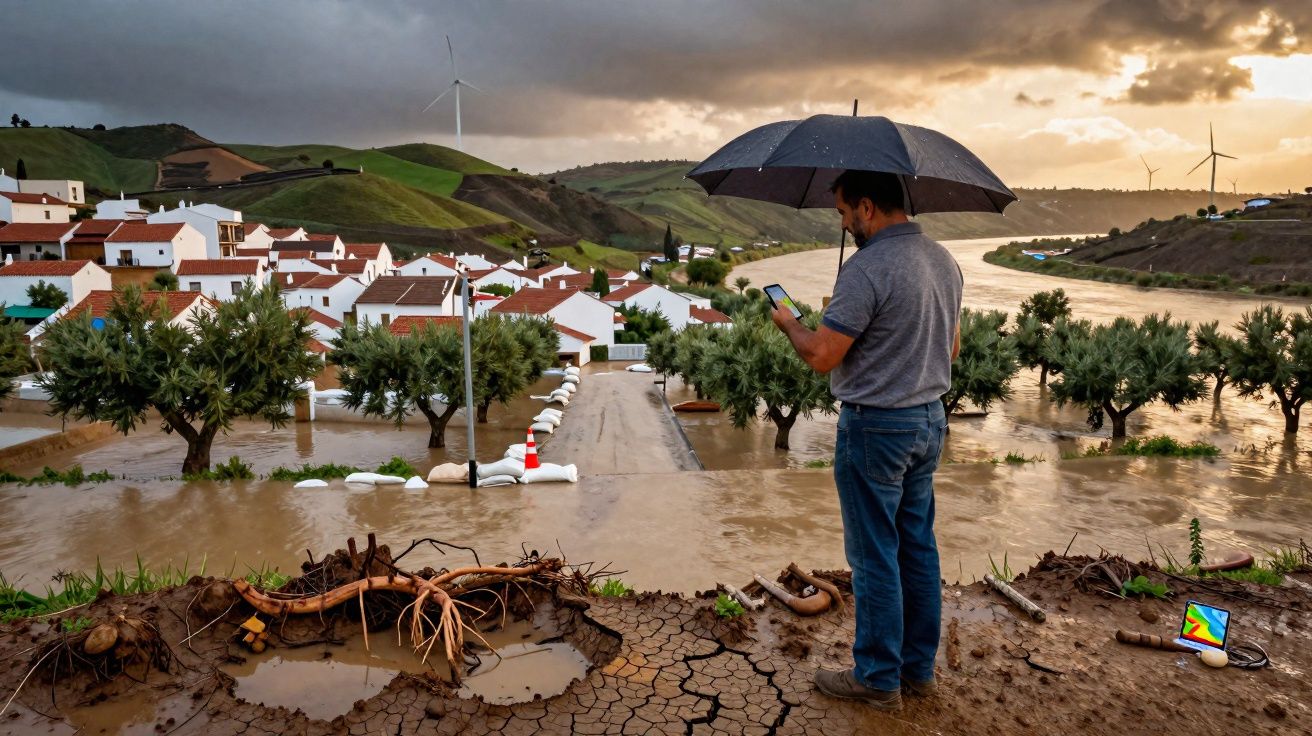 Man with umbrella stands on muddy ground overlooking flooded village with sandbags and wind turbines at sunset.