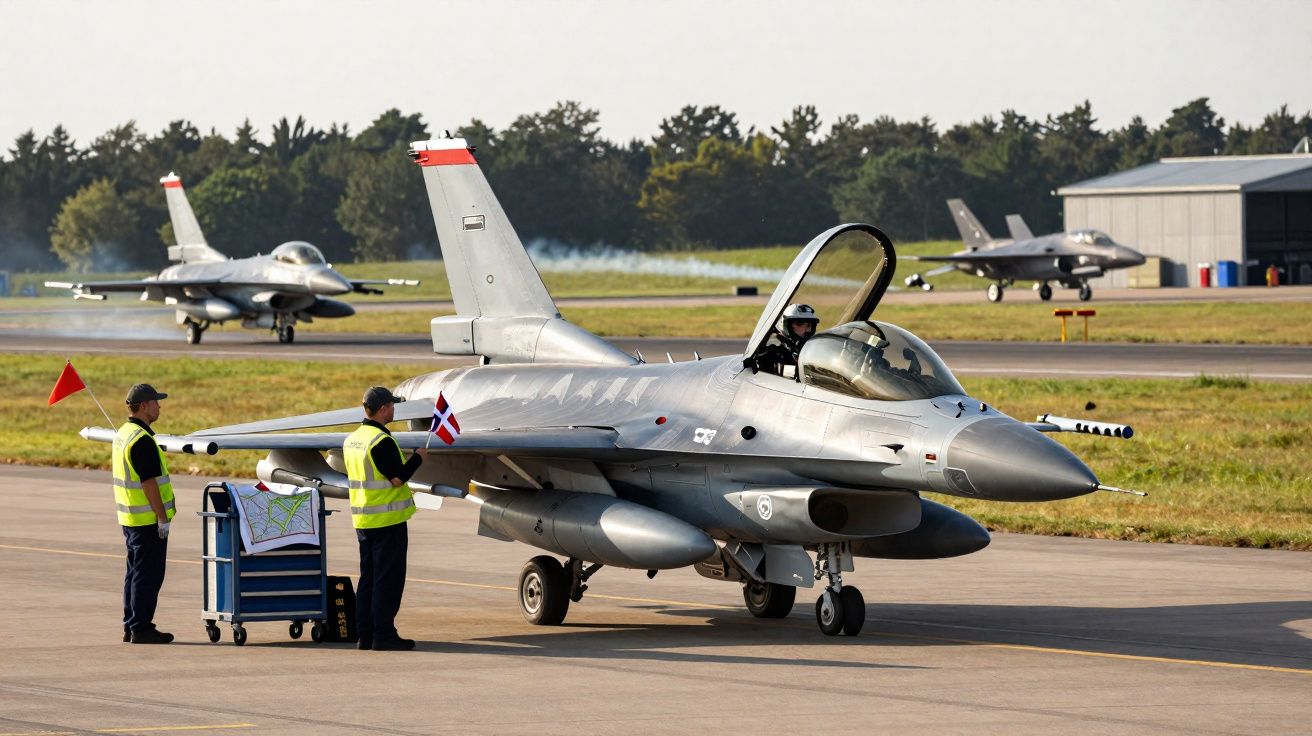 Military jet fighter on runway with two ground crew in high-visibility vests and two jets in background
