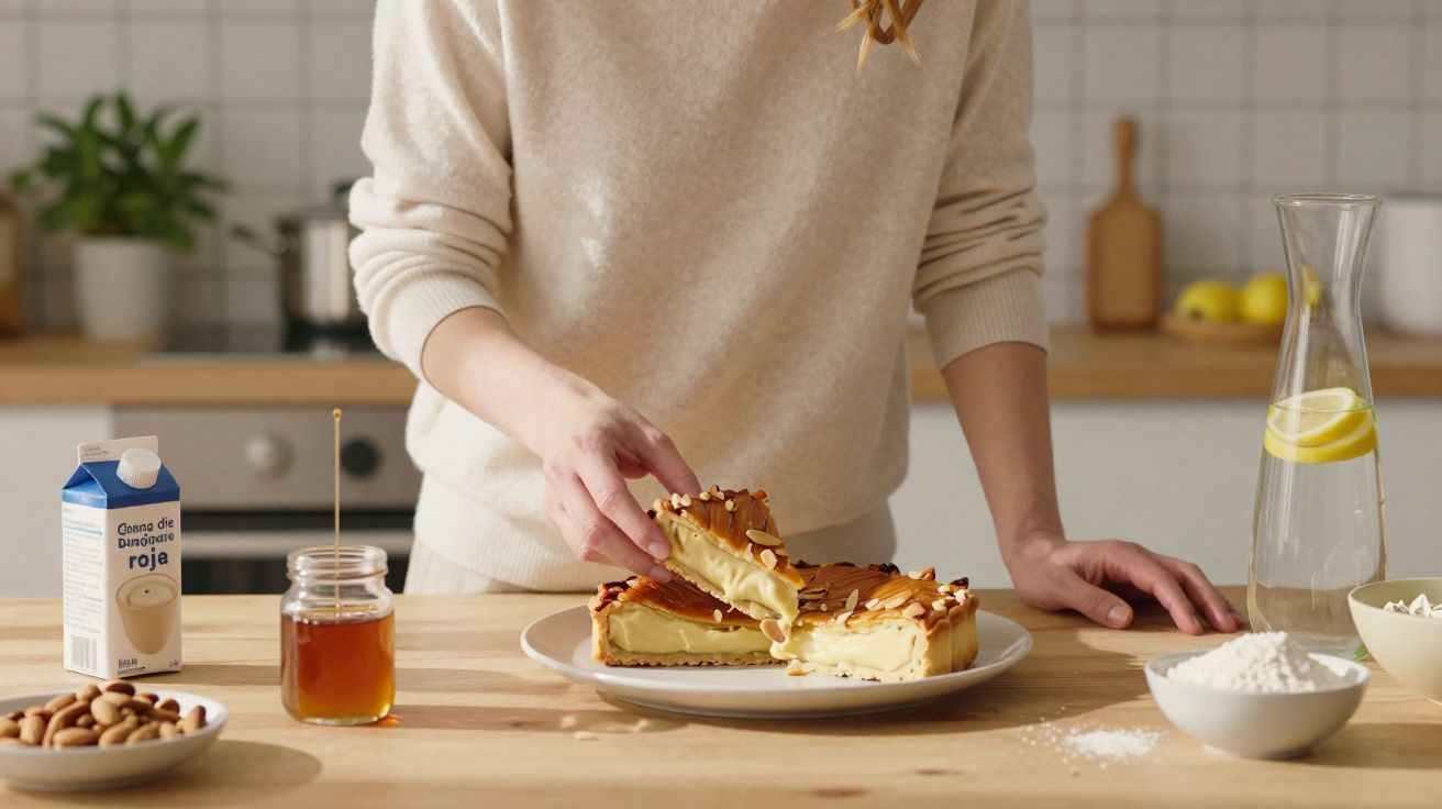 Person taking a slice of almond-topped cream tart on a plate in a kitchen with ingredients on the table.