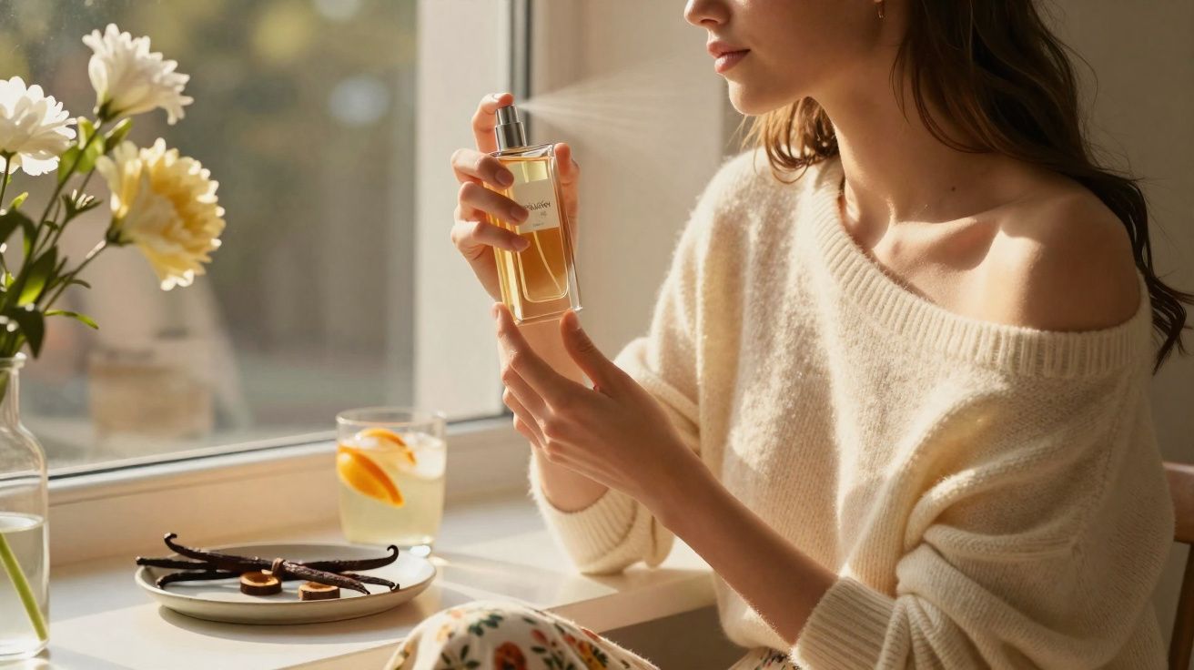 Woman in cosy sweater spraying perfume by a sunlit window with flowers and vanilla on the sill.