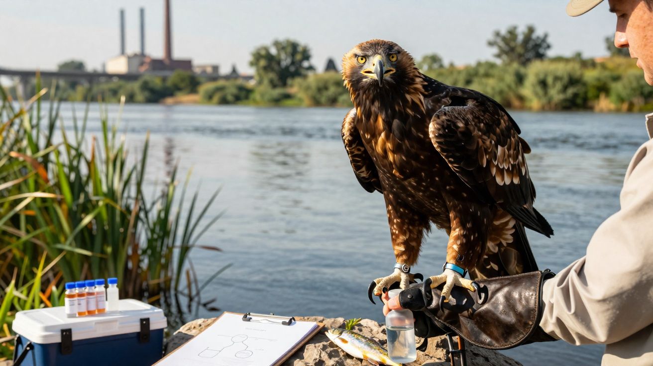 Golden eagle perched on a gloved hand by a river with scientific equipment and a fish nearby.
