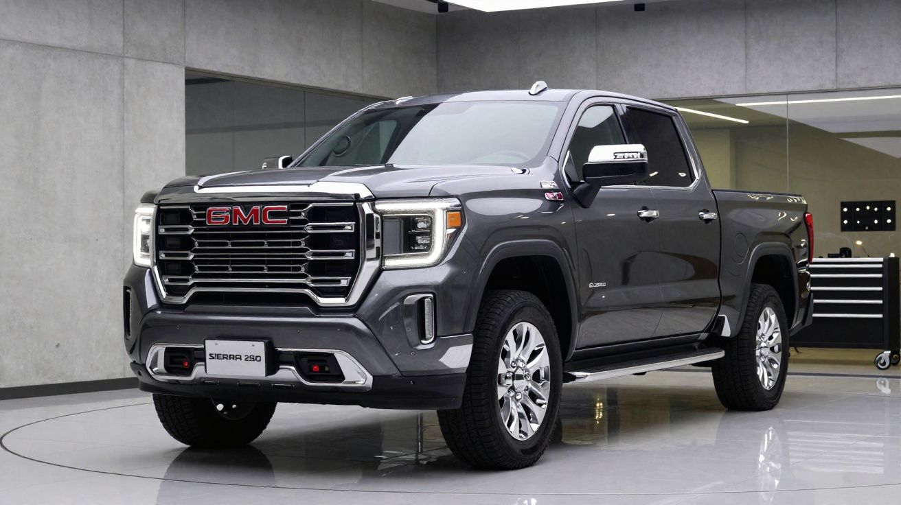 Grey GMC Sierra 2500 pickup truck parked indoors with chrome details and large front grille.
