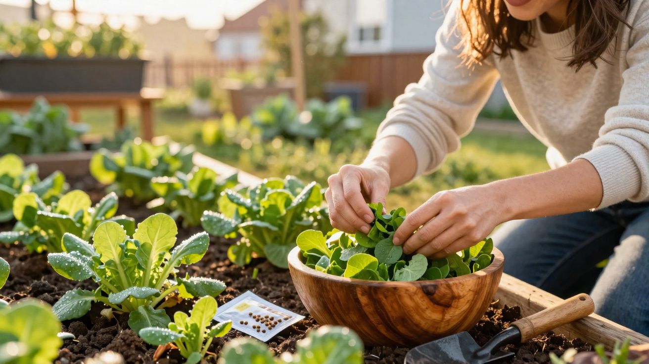 Person harvesting fresh green leaves from a garden bed into a wooden bowl in bright daylight.