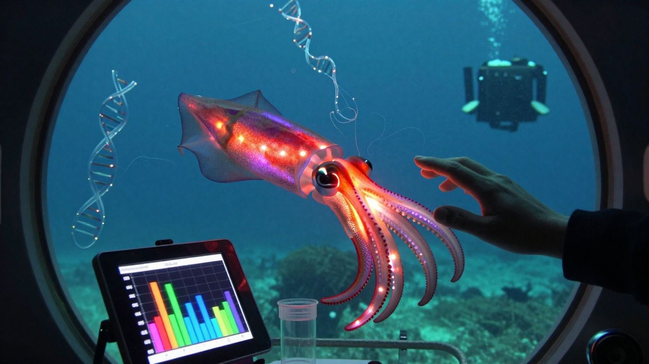 Glowing squid with DNA strands observed through submarine window with tablet showing colourful data graph.