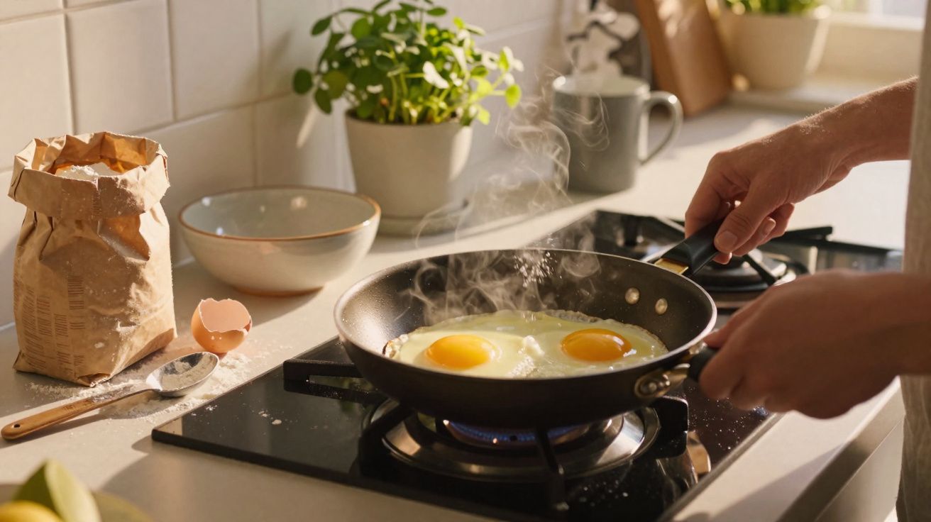 Two sunny-side-up eggs cooking in a frying pan on a gas stove with steam rising.