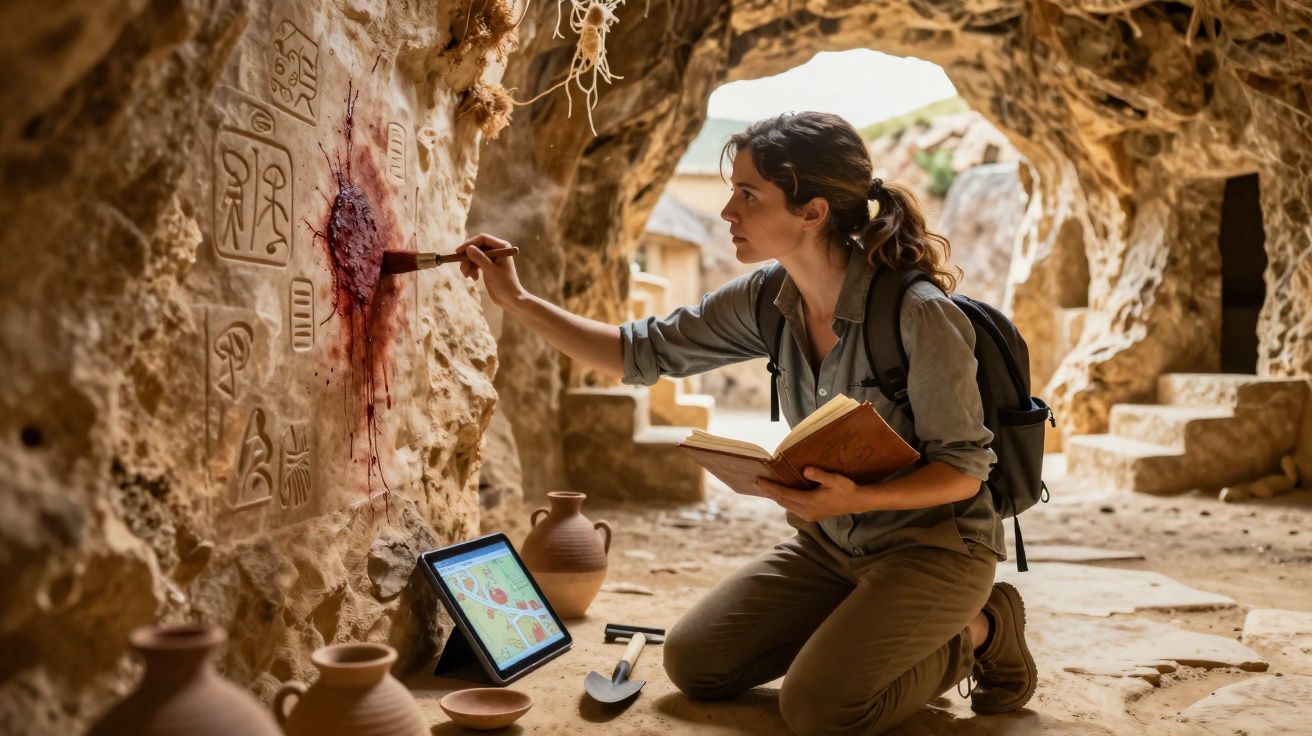 Archaeologist in a cave painting ancient symbols on a wall, surrounded by pottery and digital tablet.