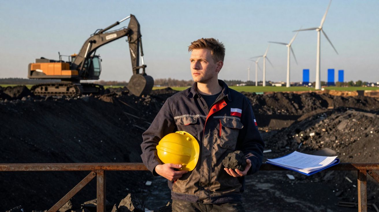 Man in workwear holding a yellow helmet and coal at a mining site with excavator and wind turbines in the background.