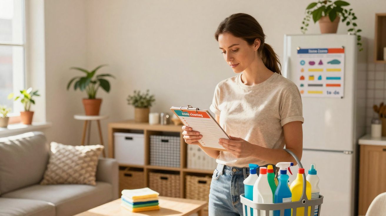 Woman holding a cleaning checklist and caddy with supplies in a tidy, sunlit living room.