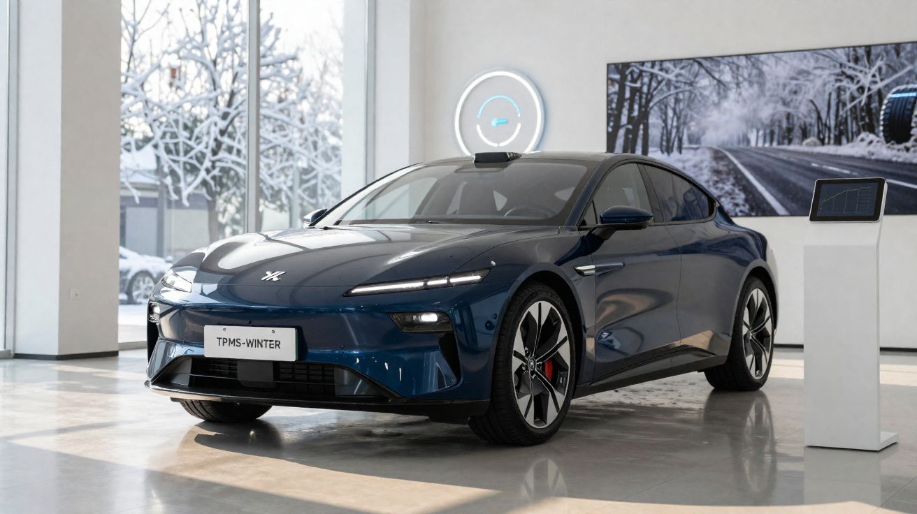 Sleek dark blue electric car displayed indoors with modern art and snow-covered trees visible outside.