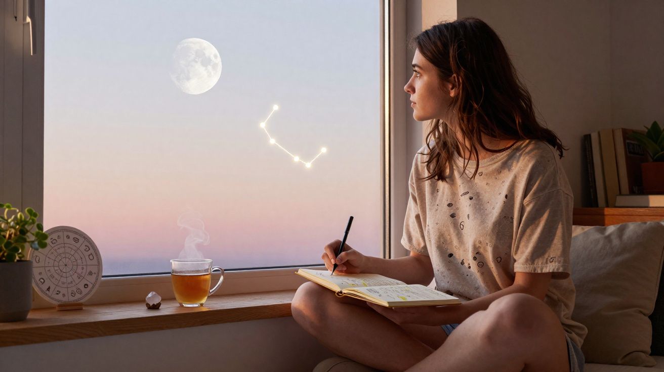 Young woman sitting by a window at dusk, writing in a notebook, looking at the moon and a glowing constellation.