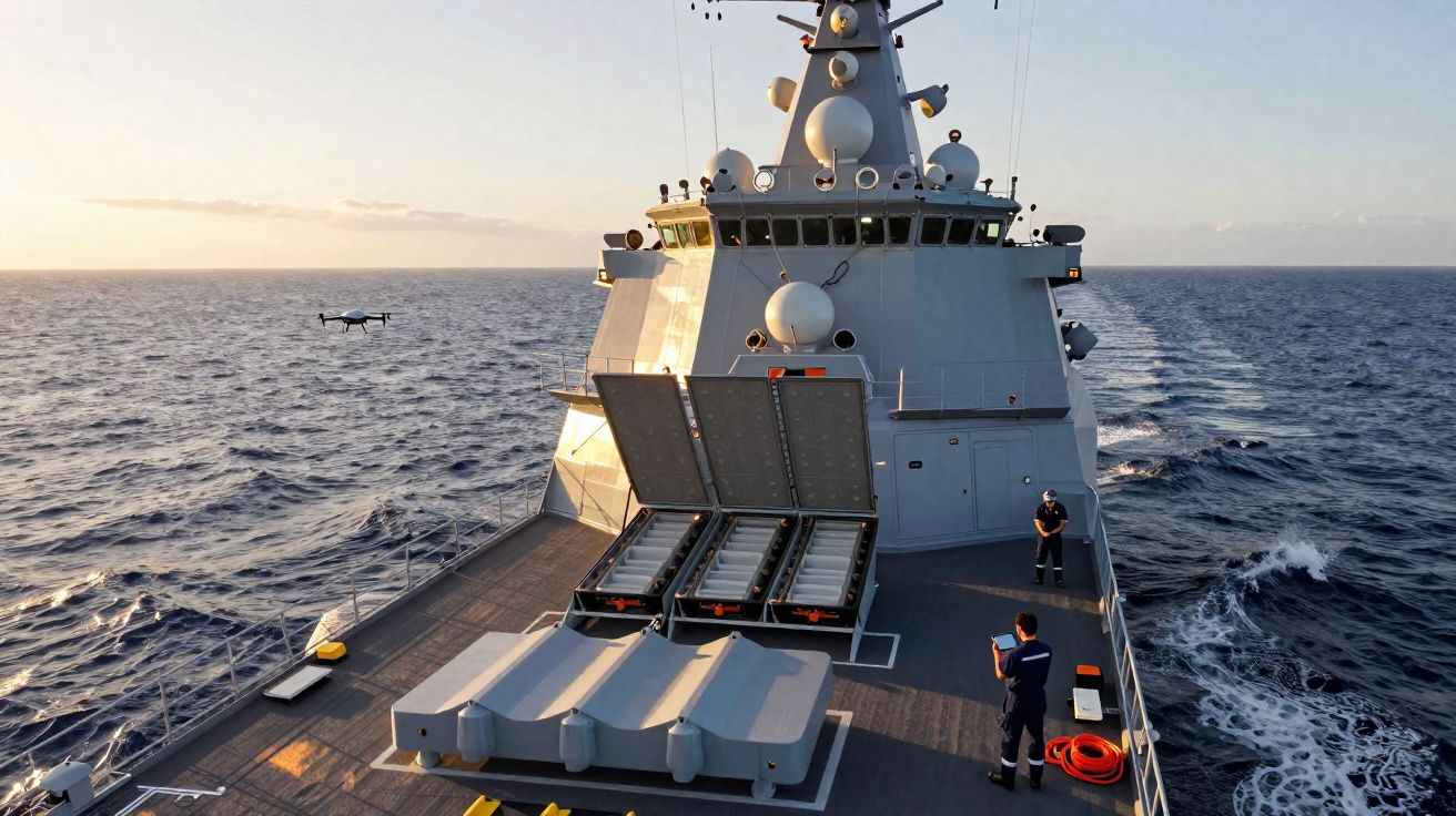 Naval warship deck with two crew members operating a drone flying over the sea at sunset.