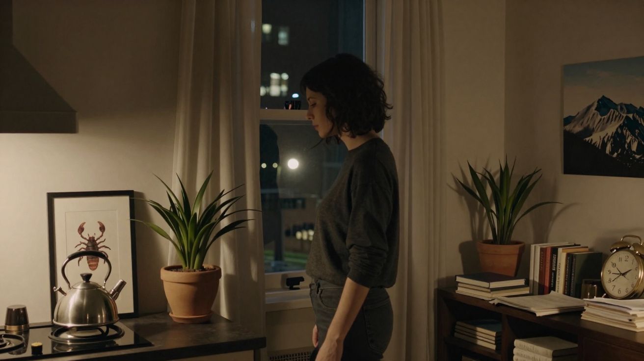 Woman standing by a window in a dimly lit room with plants, books, and a kettle on the stove.