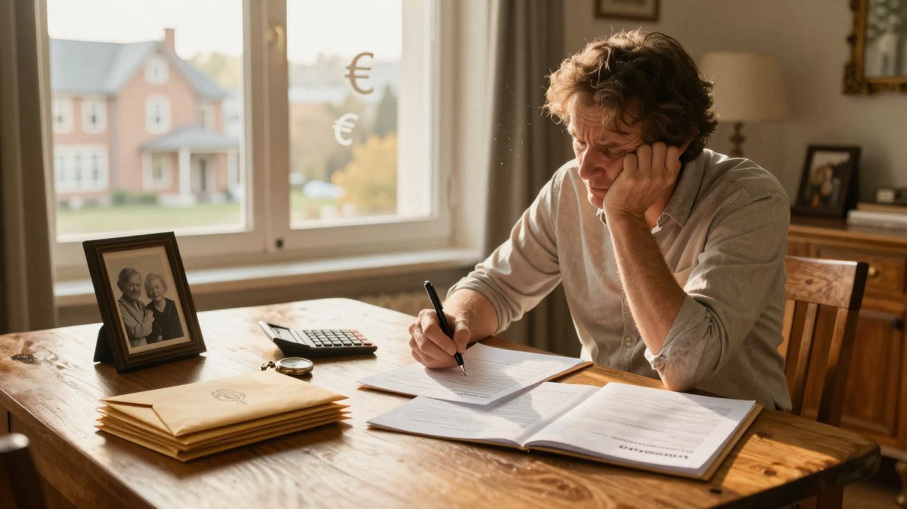Man looking worried while calculating bills at a wooden table with documents and a calculator near a window.