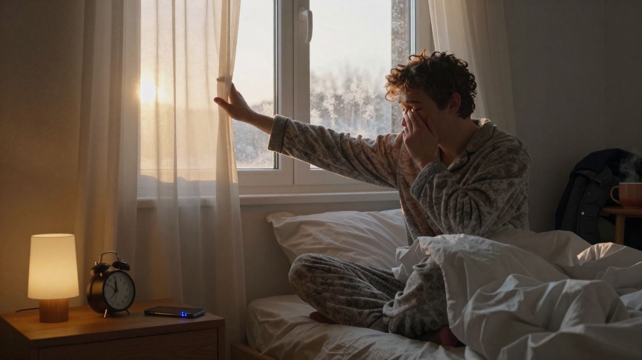 Person in patterned pajamas sitting on a bed, pulling back curtain to look out a frosted window at dawn.