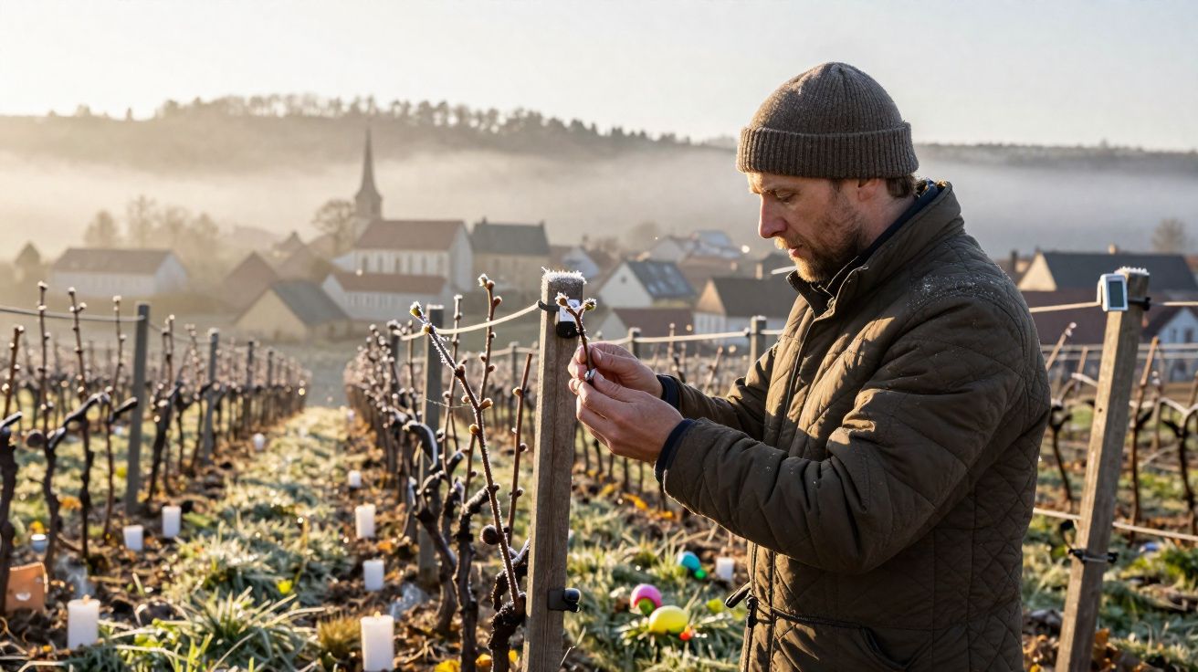Man inspecting vines in a vineyard on a frosty morning with village and church in the background