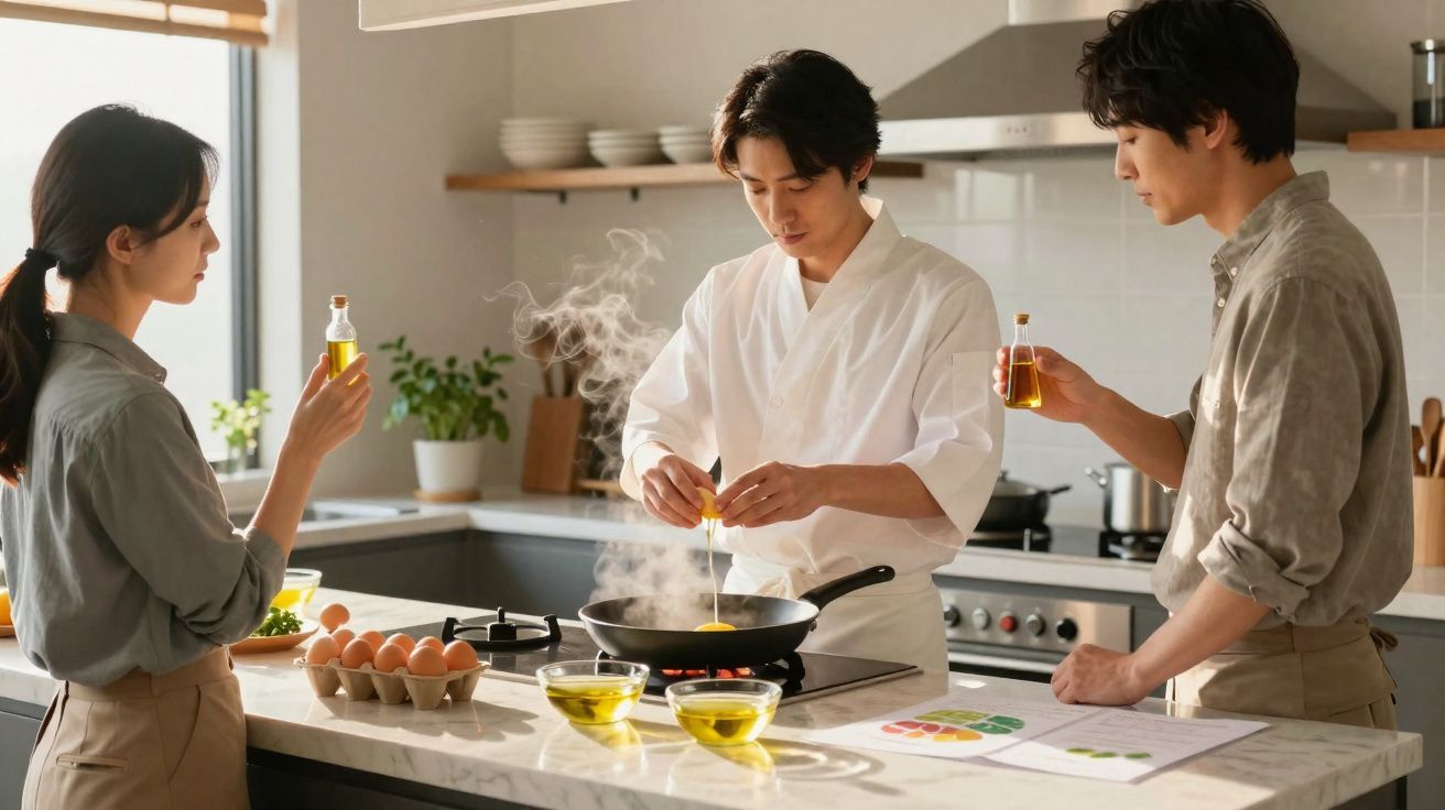 Three people cooking together in a modern kitchen, one cracking an egg into a frying pan.